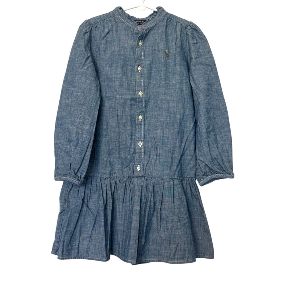Polo Ralph Lauren Drop Waist Button Down Chambray Dress Blue
